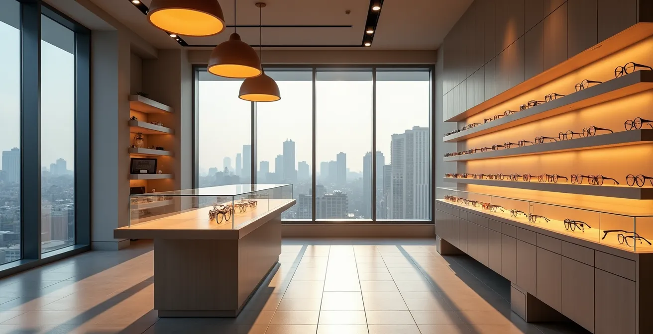 Vue intérieure minimaliste d'une boutique de lunettes haut de gamme