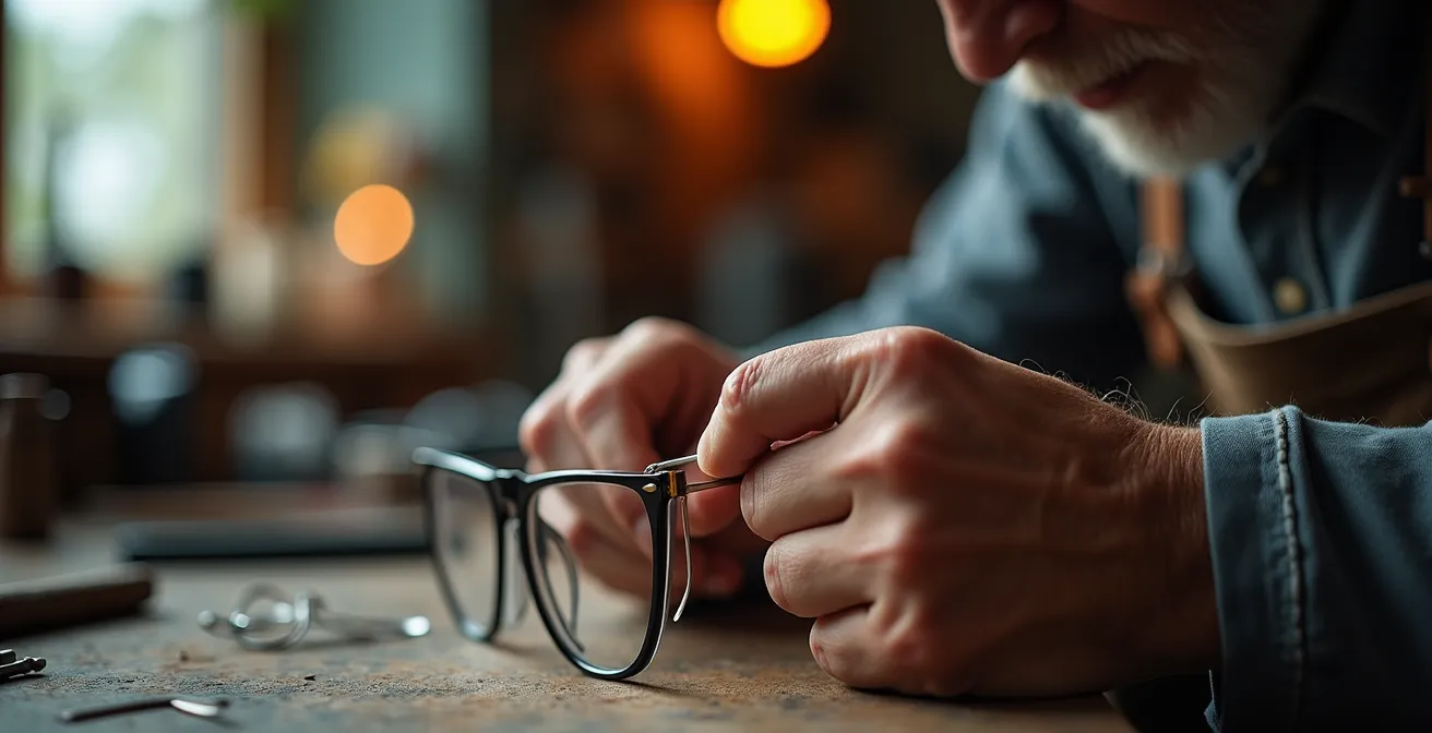 Mains d'artisan travaillant sur des lunettes avec précision