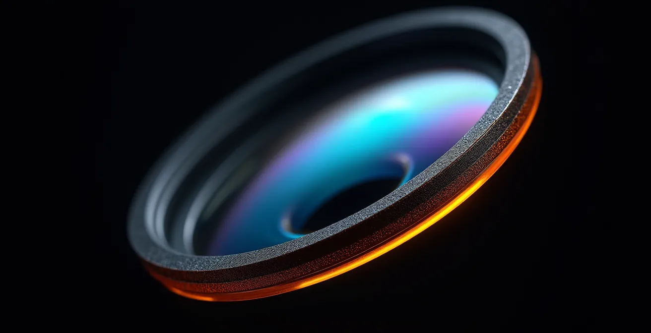 Détail macro d'un verre polarisé montrant ses couches de traitement